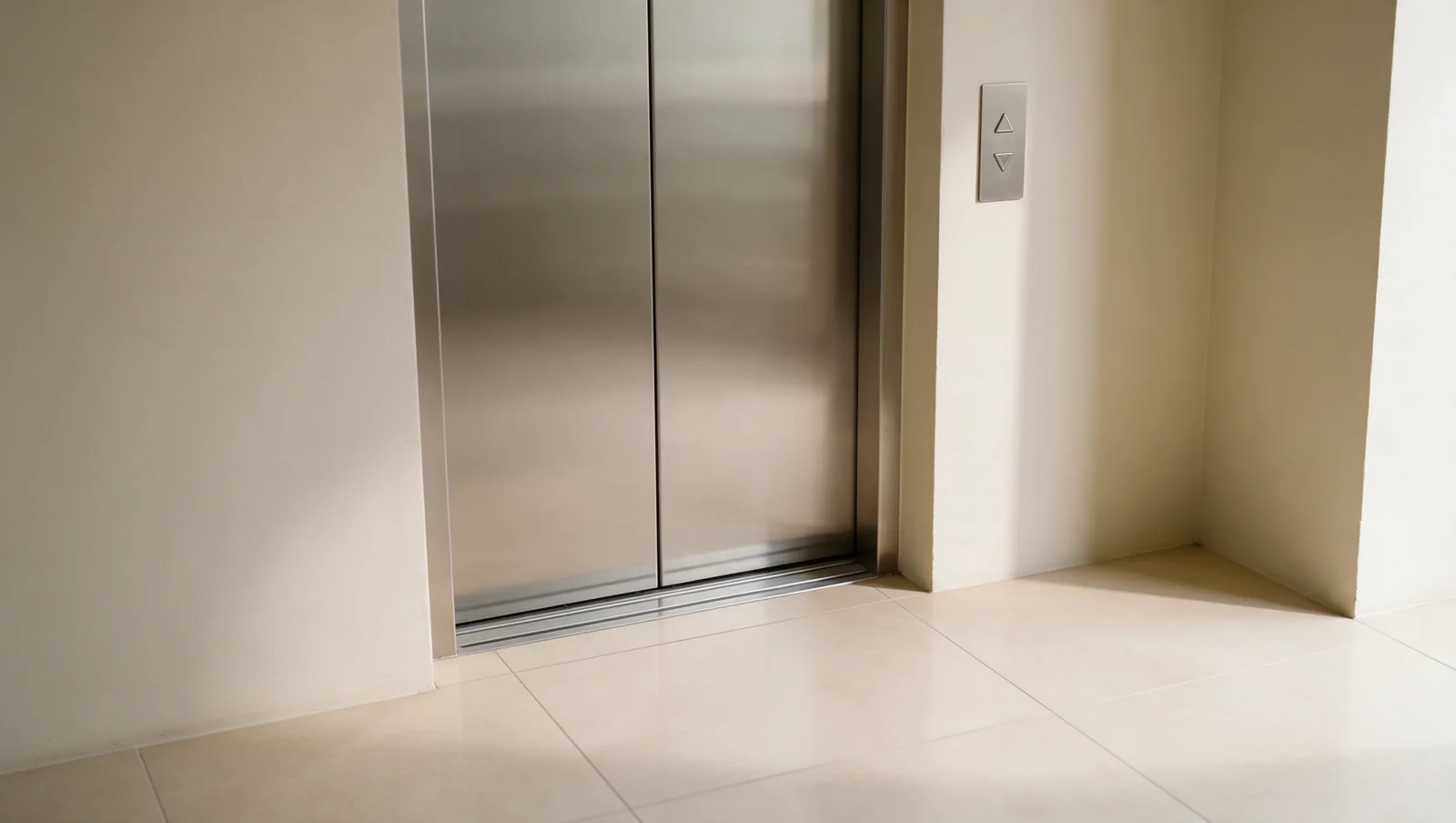 Closed lift doors, landing controls and a clear tiled approach