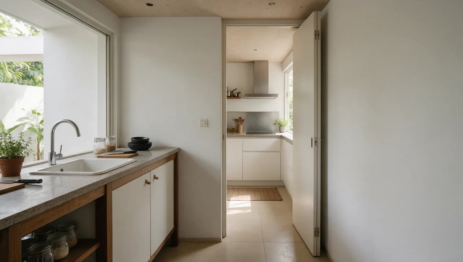 Preparation counter and sink leading to a separate cooking area with a hob and hood.