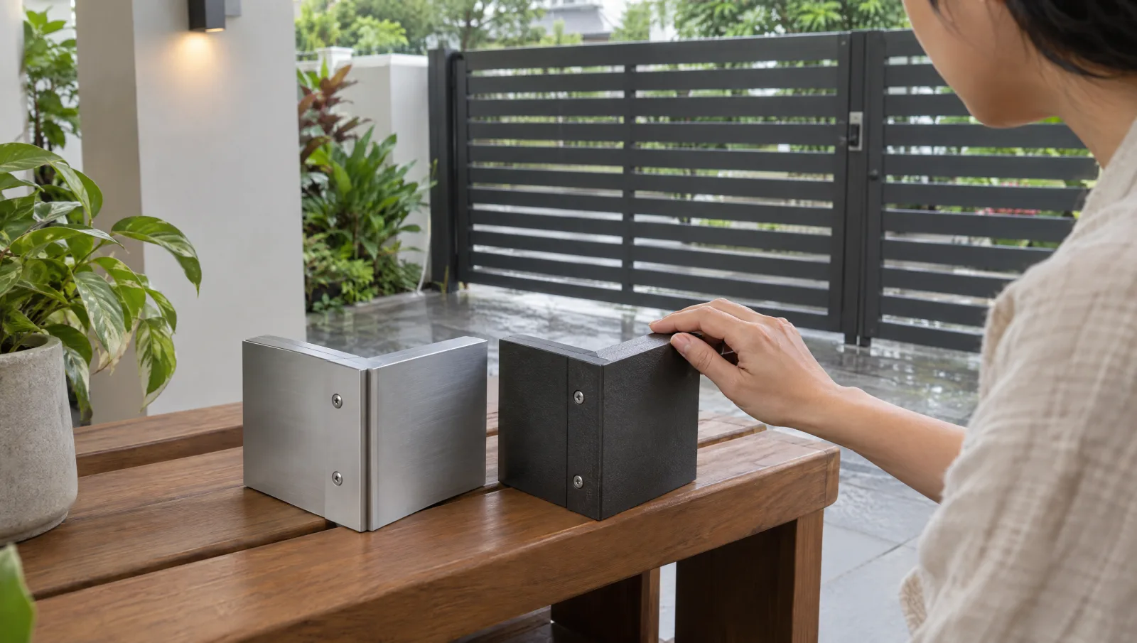 Aluminium and coated steel gate samples beside a sheltered landed-home entrance.