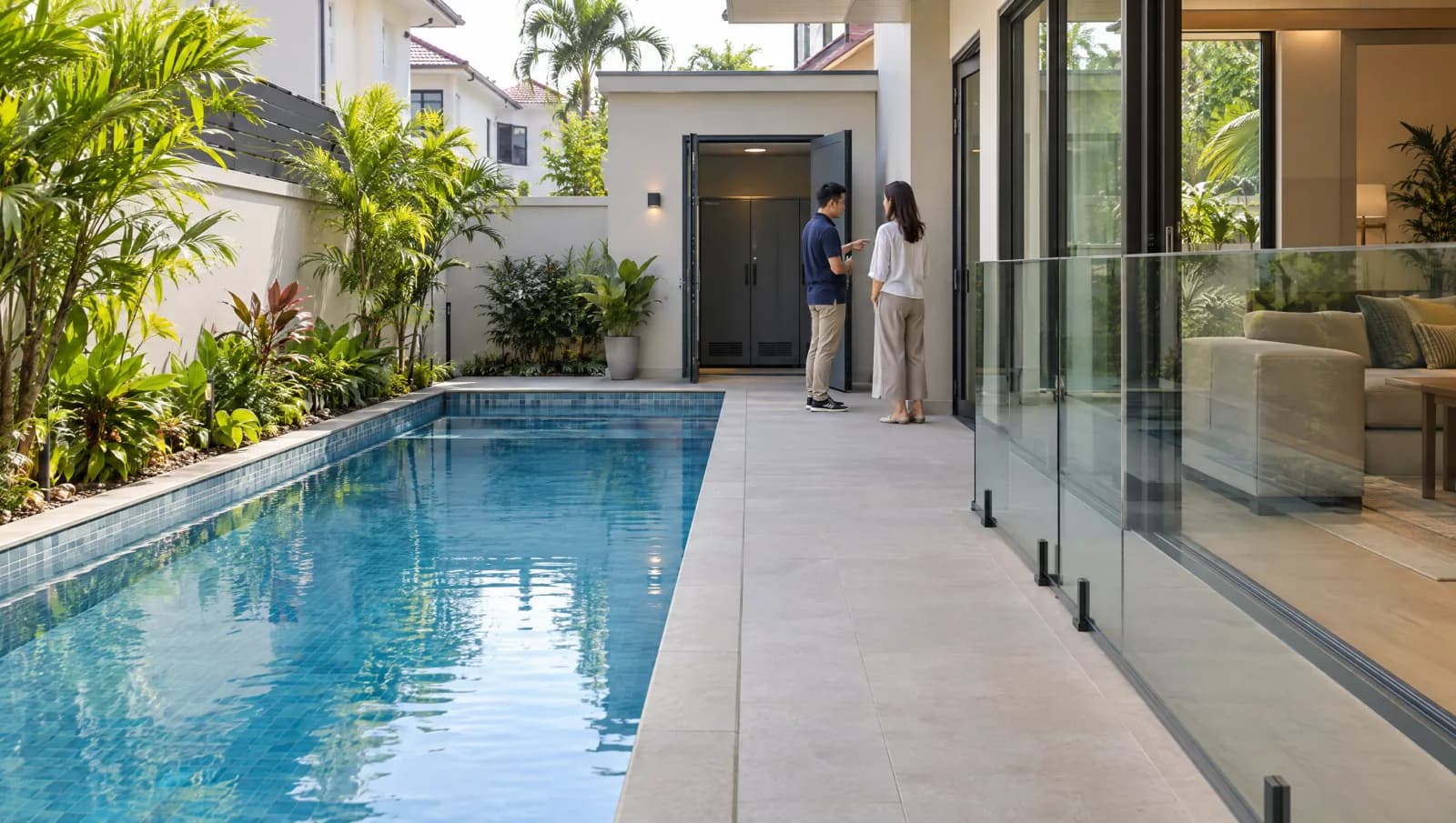 Homeowner and specialist beside the open entrance to a pool equipment room.