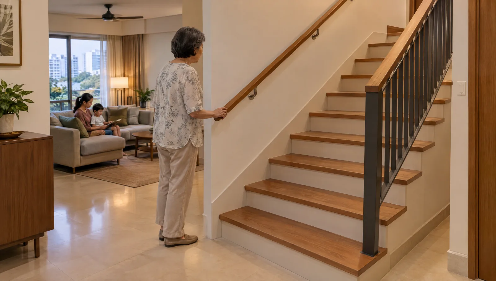 Older adult at a well-lit staircase with closed risers, a continuous handrail and clear access.