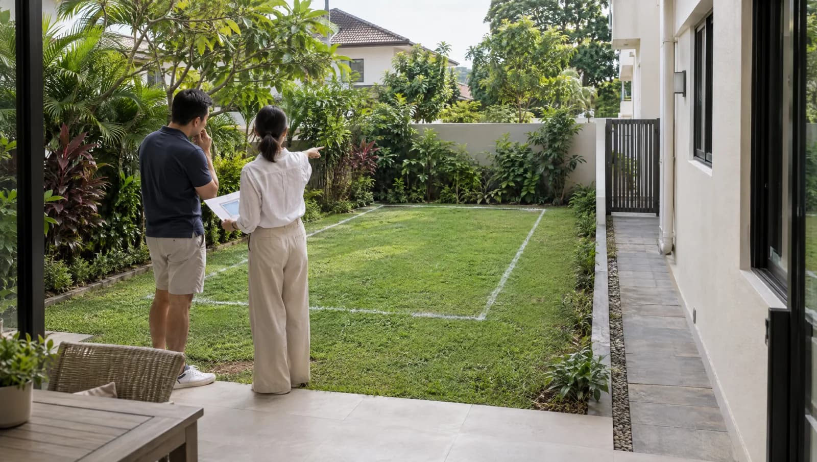 Pool designer and homeowner reviewing a garden outline and the narrow side access route.