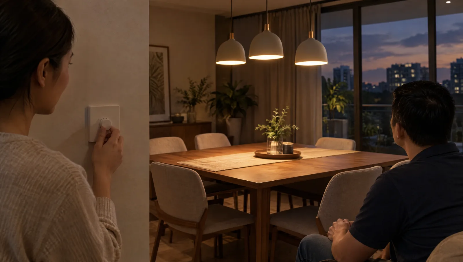 Homeowner and installer reviewing dining lights at a low setting using the closed wall dimmer.