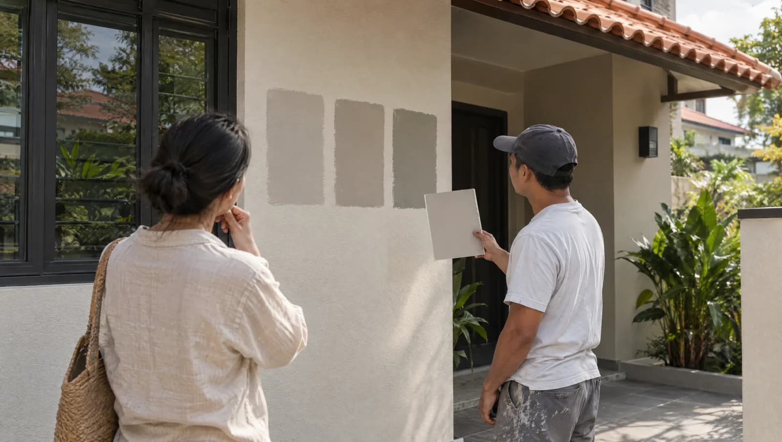 Exterior paint samples being viewed beside a dark window frame and terracotta porch roof.