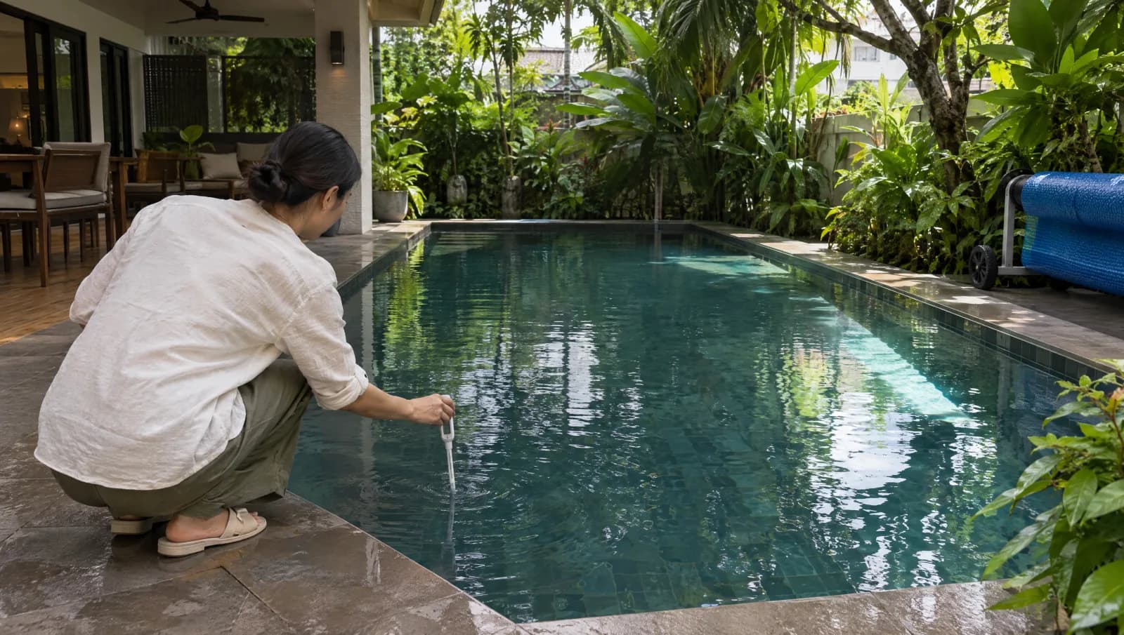 Homeowner checking pool water with a handheld probe from the deck.