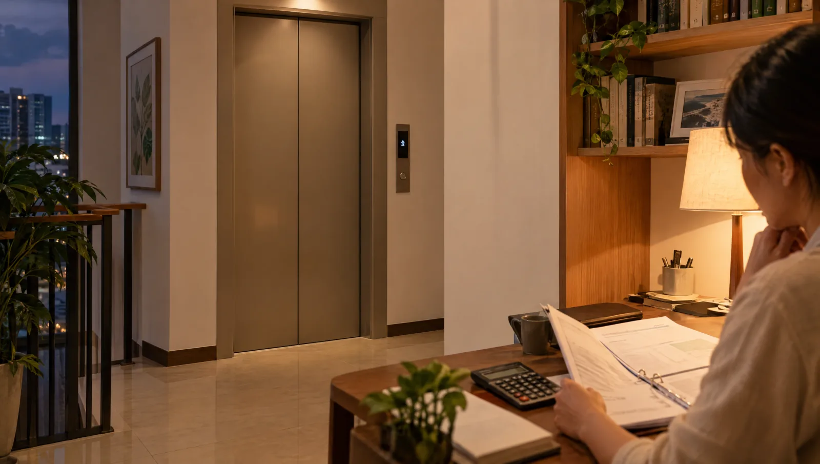 Idle home lift beside a study where a homeowner reviews household costs.