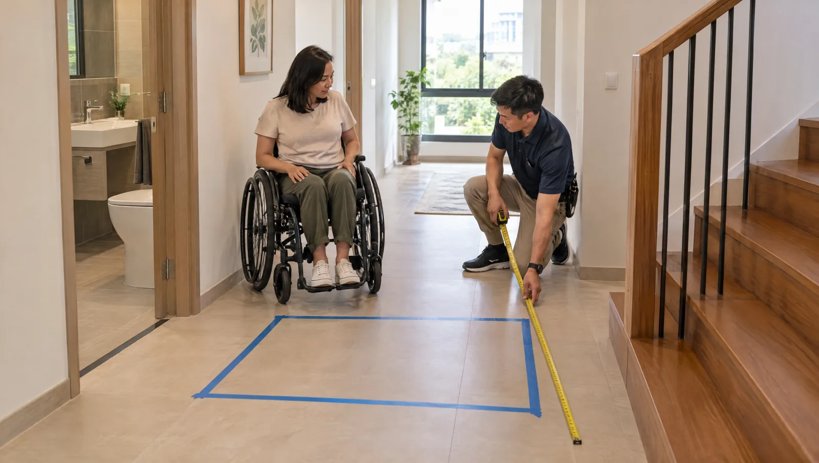 Wheelchair user and surveyor checking clear landing space around a taped lift footprint.