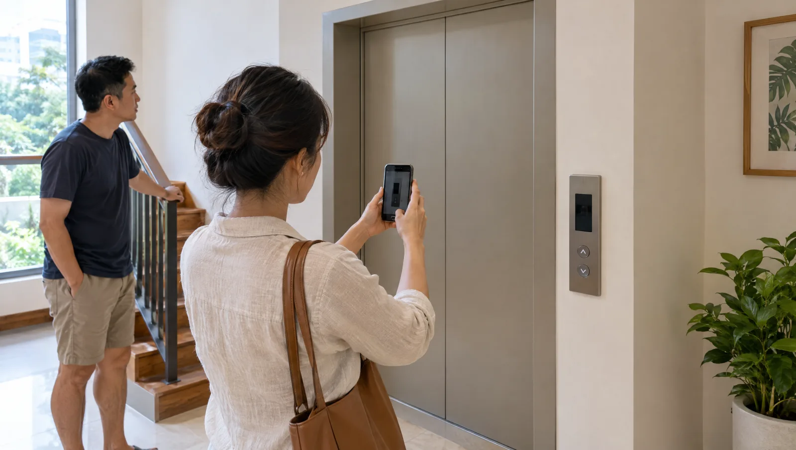 Homeowner recording a lift display from outside the closed landing door.