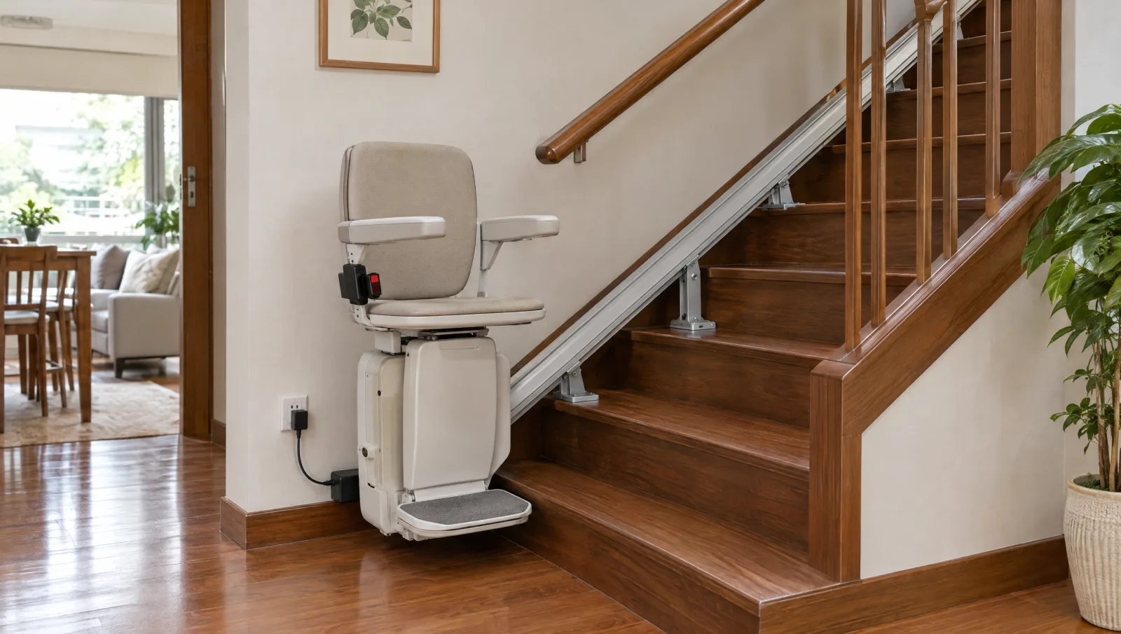 A parked stairlift showing its seat, enclosed carriage, tread-mounted rail and nearby charger.