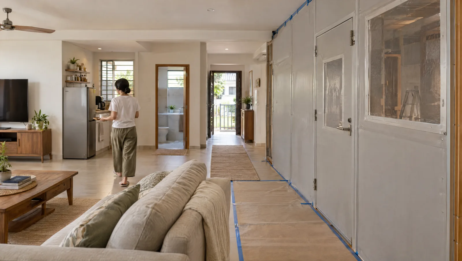 Protected living area with clear access and a sealed partition beside renovation works.