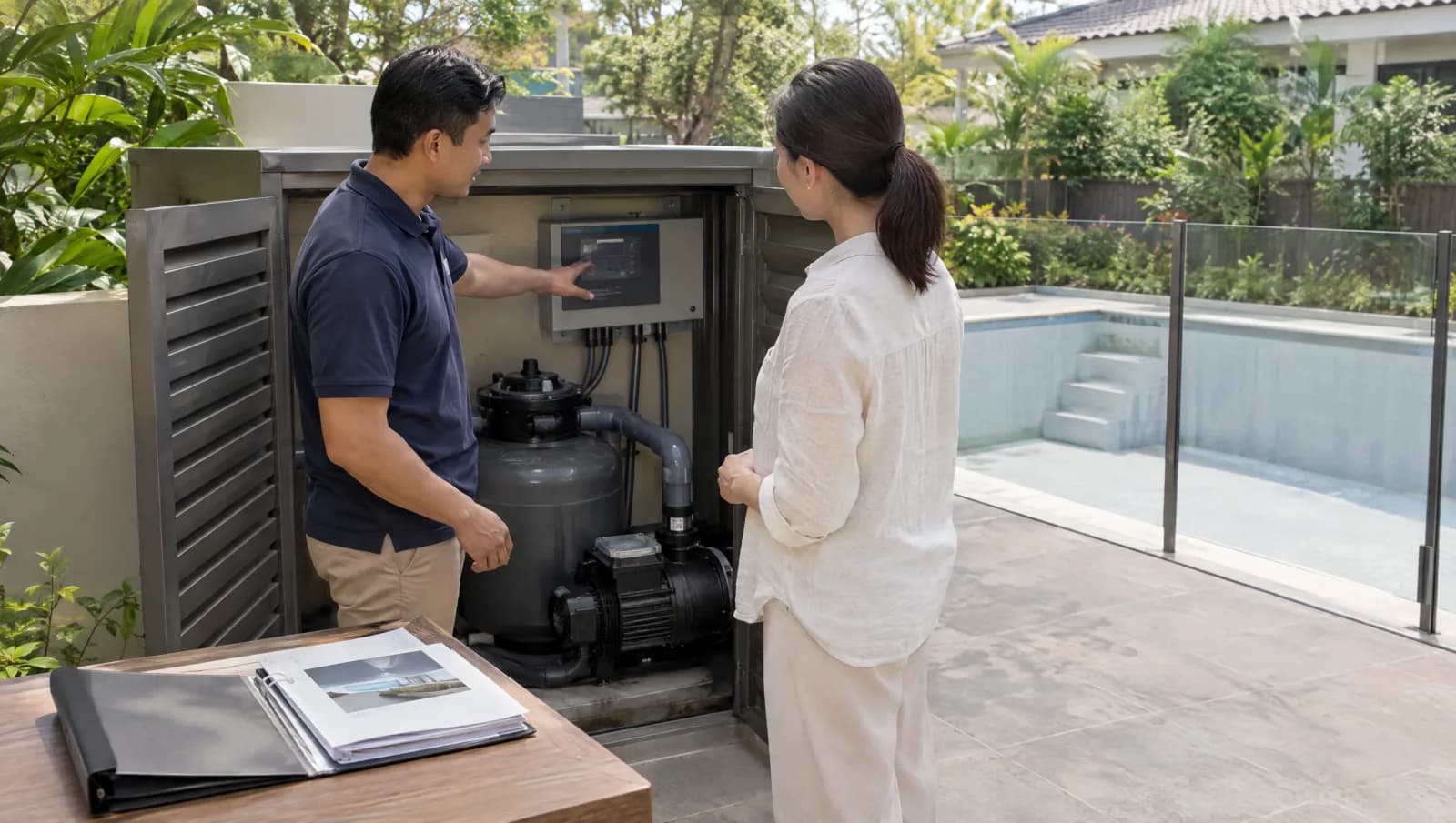 Pool specialist reviewing controls with a homeowner beside equipment and a records folder.