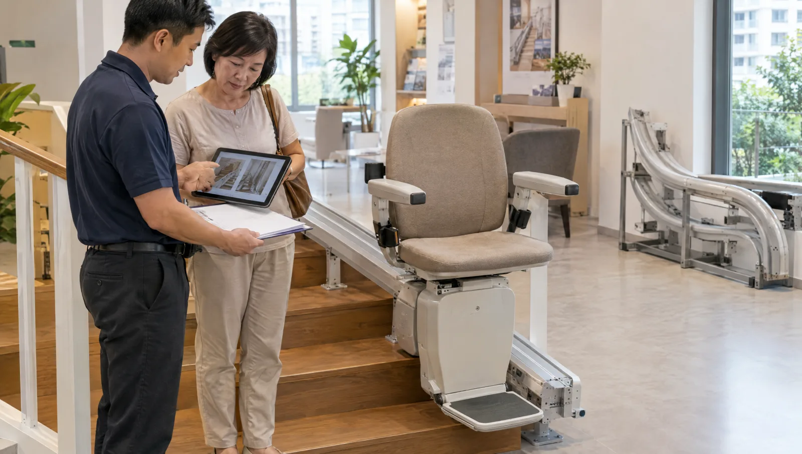 Homeowner and technician reviewing a used stairlift beside a supported demonstration rail.