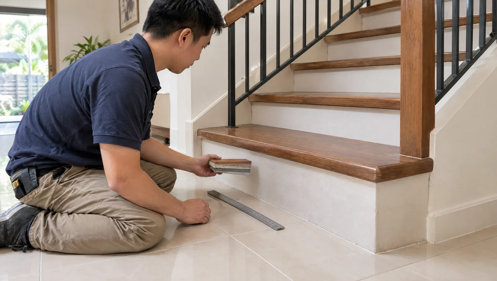 Contractor comparing a layered finish sample beside the first stair and lower landing.