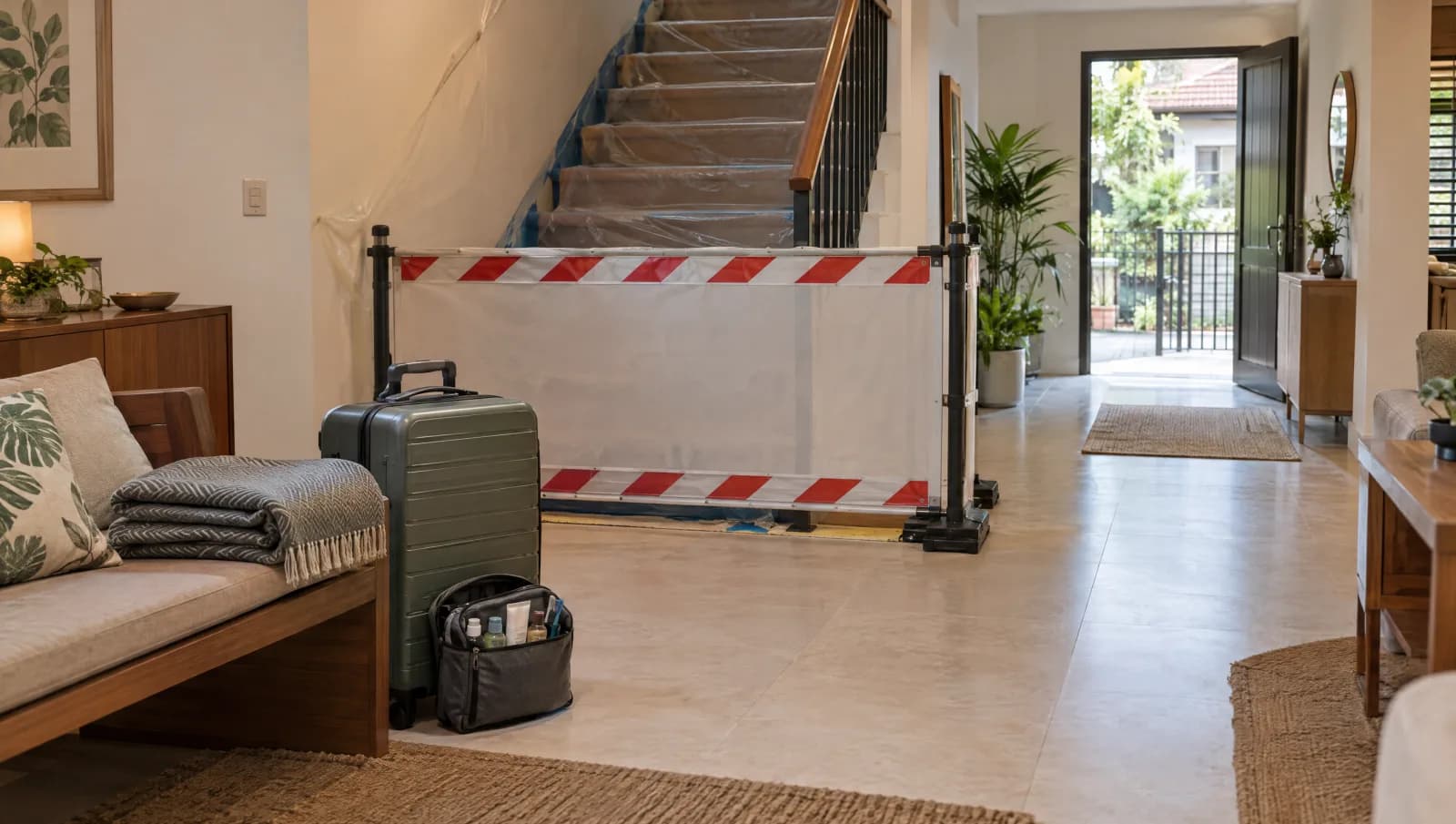 Blocked-off staircase with a suitcase and household essentials prepared nearby.