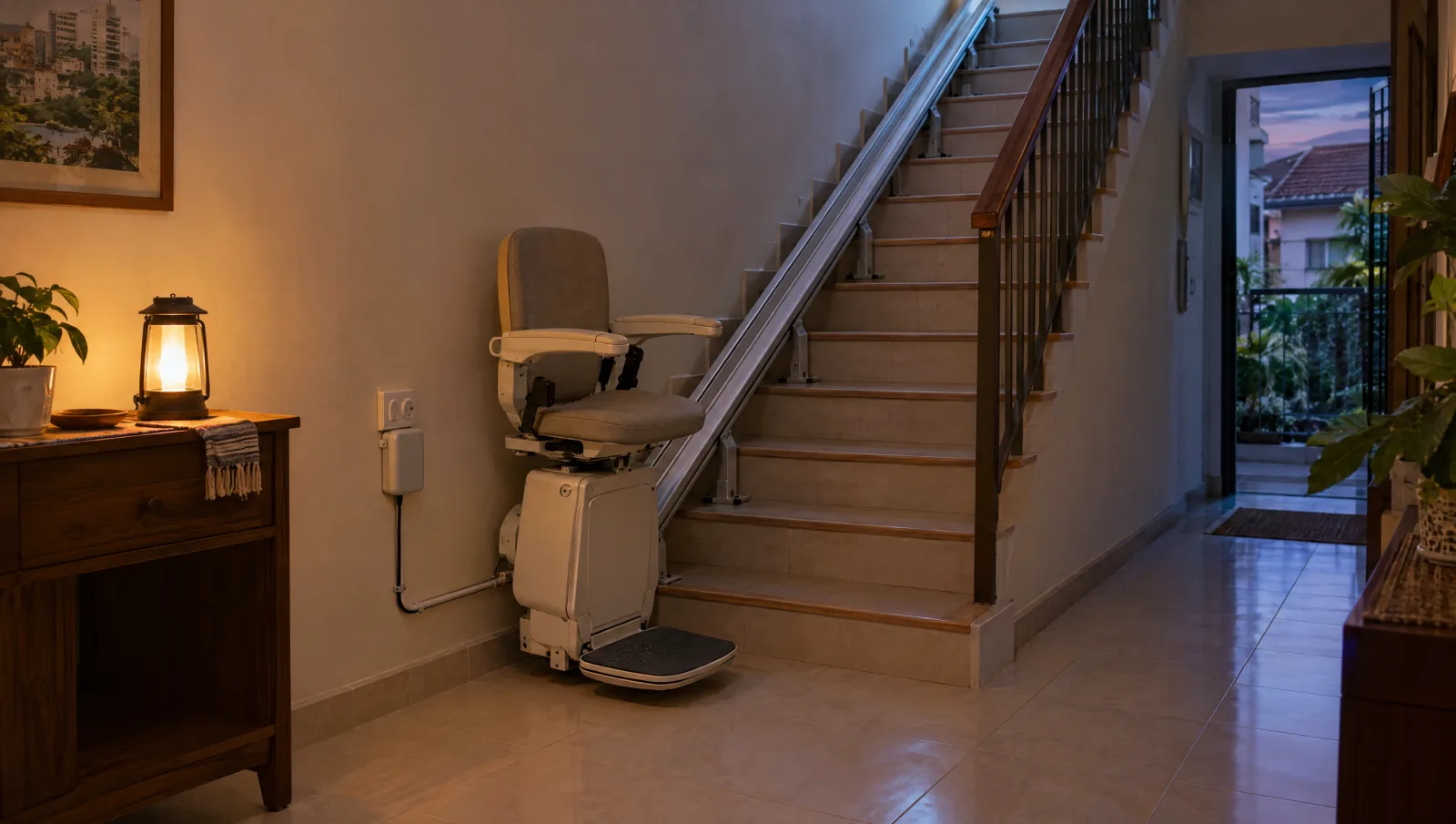 Parked stairlift beside a closed charger, with a lantern lighting the stair hall.