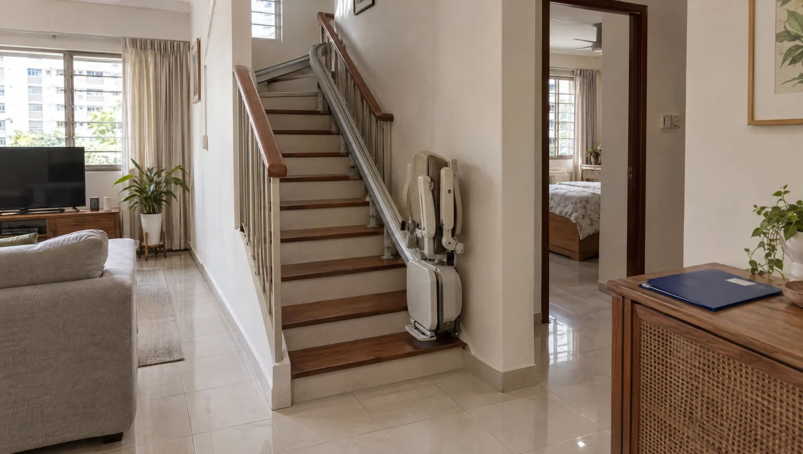 Folded stairlift on an internal maisonette staircase with the doorway and landing visible.