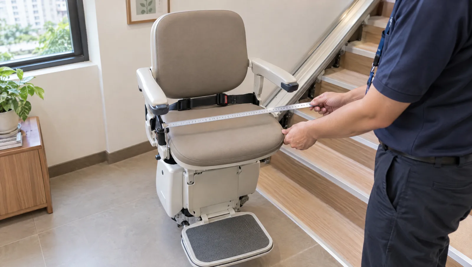 Technician measuring the usable seat space of an empty stairlift chair.