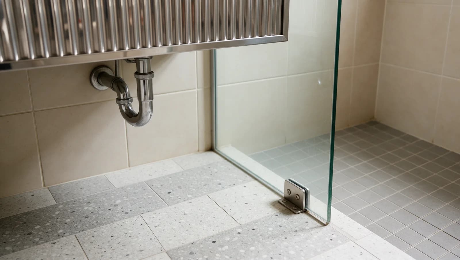 Bathroom vanity and shower screen meeting a tiled floor.