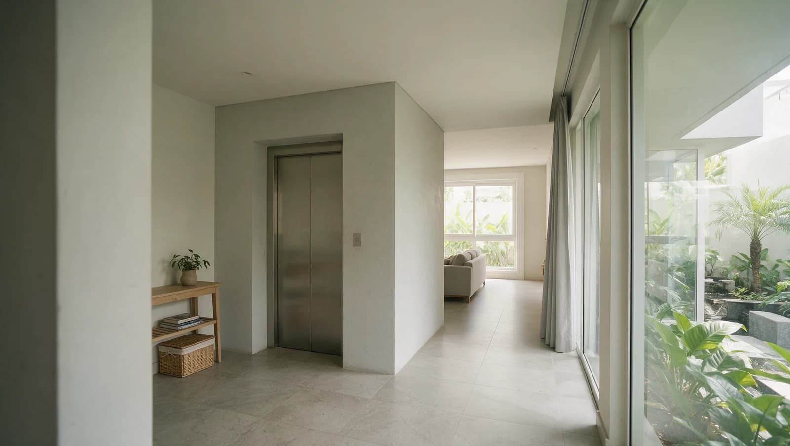 Home-lift entrance beside a clear domestic landing approach.